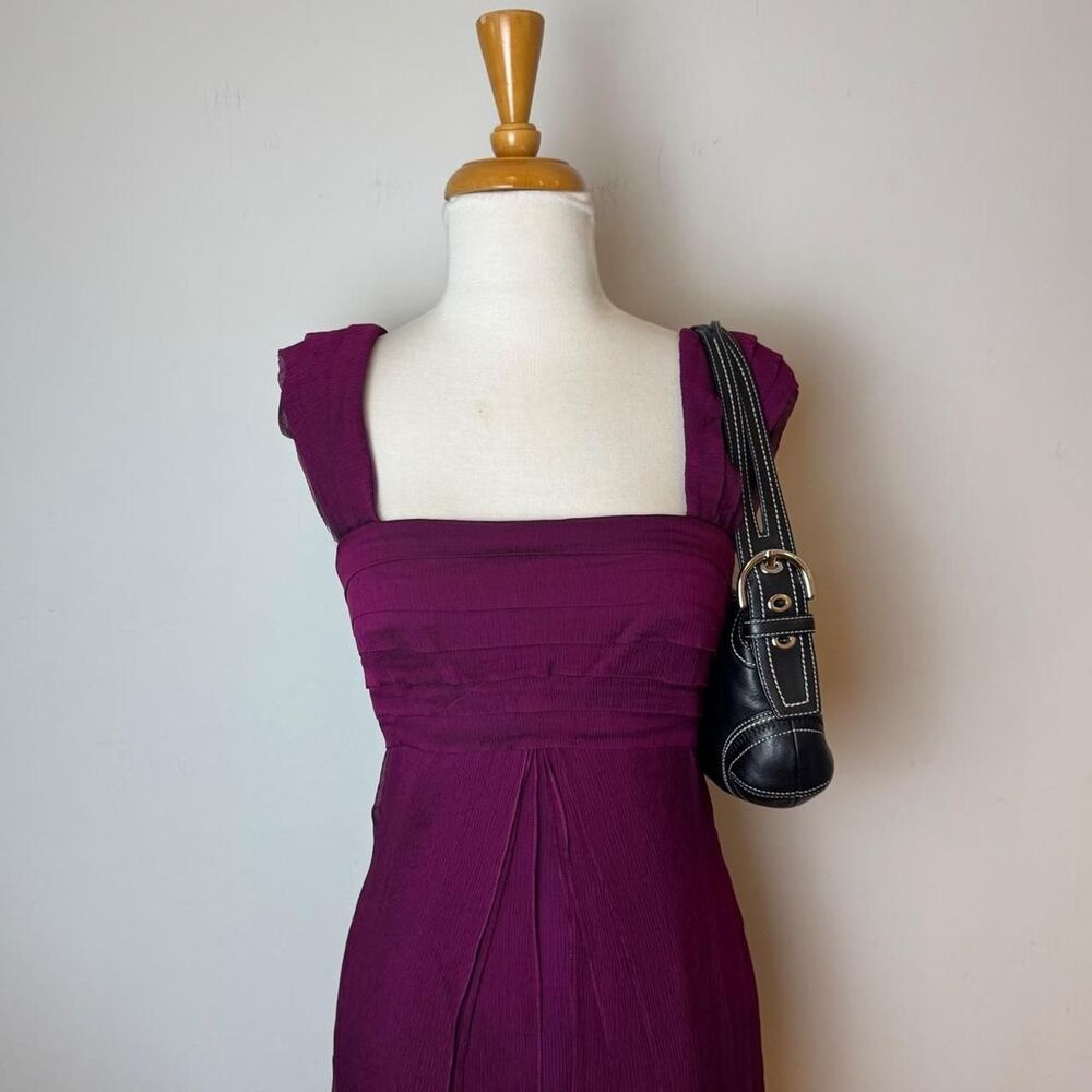 Tadashi Shoji 100% silk purple midi dress with pleated skirt and zipper back